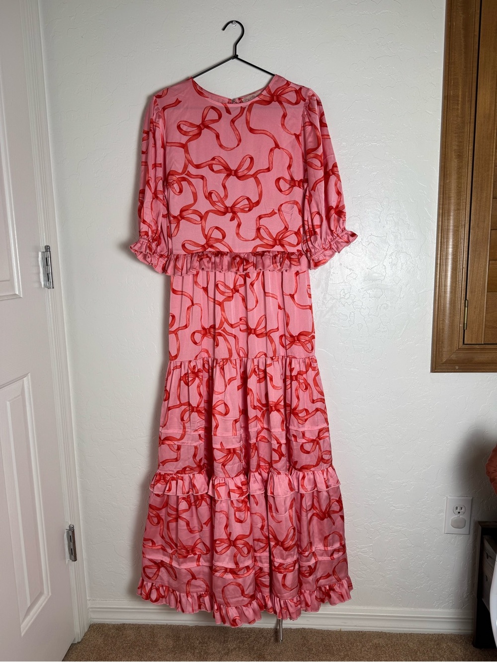 Ivy City Co Pink and Red Ribbon and Bow Print Ruffle Tiered Maxi Dress - Picture 2 of 14